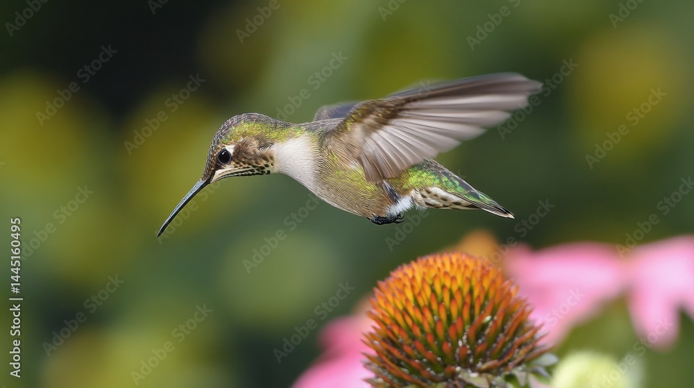 Fototapeta premium Hummingbird Hovering Over Coneflower