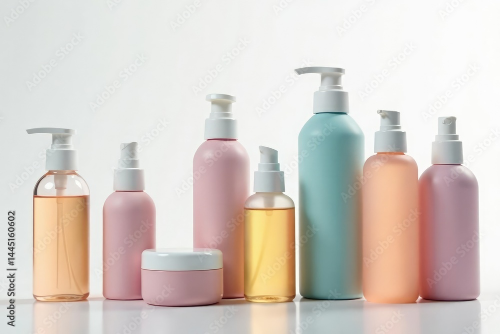 Set of various cosmetic bottles on white backdrop, sizes, set Set of various cosmetic bottles on white backdrop, sizes, set