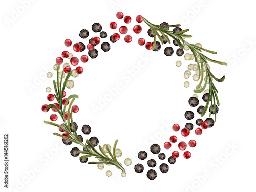 Peppercorns round frame watercolor. Hand drawn dried black, white and pink pepper with rosemary. Clip art on a white background of hot spices. Ideal for cookbooks, menus and organic product packaging