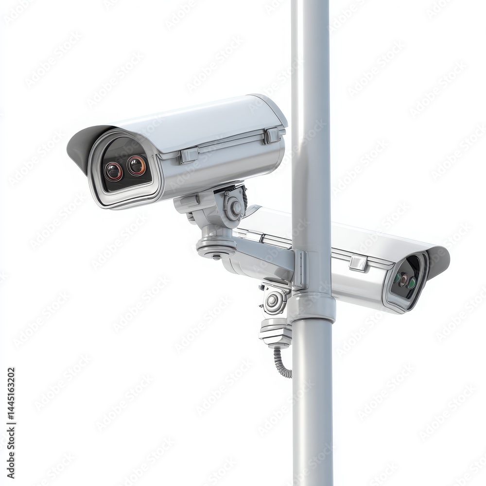 Two security cameras mounted on a pole against a white background providing surveillance and monitoring Two security cameras mounted on a pole against a white background providing surveillance and monitoring