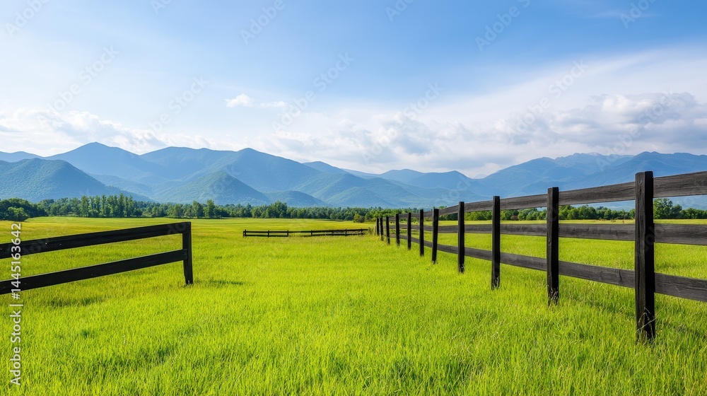 A wide green field with wooden fences, under a blue sky with mountains in the distance. A wide green field with wooden fences, under a blue sky with mountains in the distance.