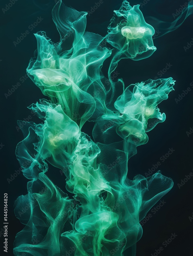 Fototapeta premium Ethereal green jellyfish gracefully dance in the dark ocean depths, their translucent bodies creating a mesmerizing underwater ballet.