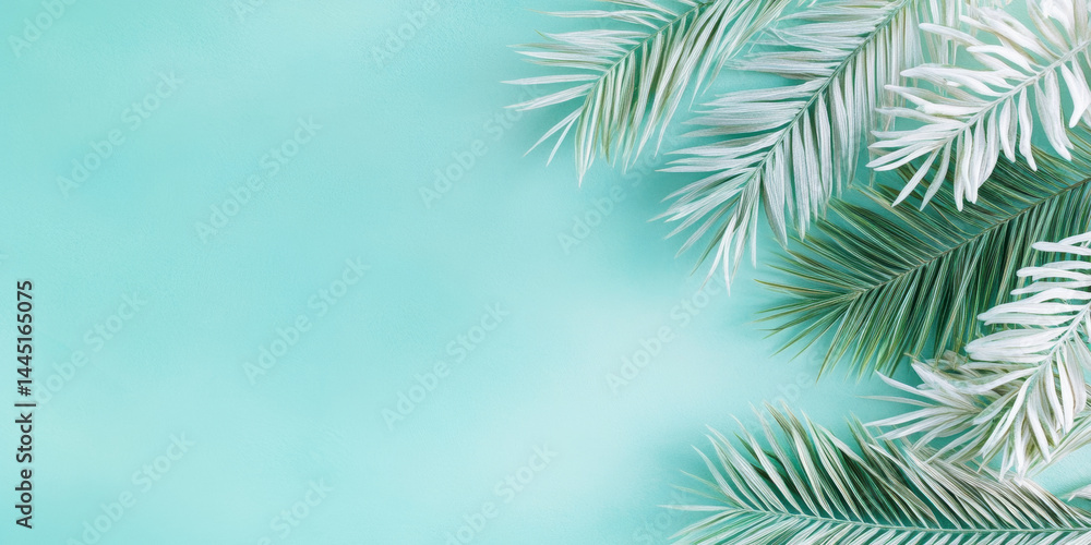 Obraz premium Tropical palm leaves on a vibrant aqua background creating a refreshing summer vibe