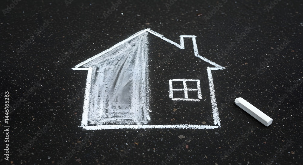 Fototapeta premium Chalk drawing of a house on asphalt, simple home illustration for real estate and architecture concept