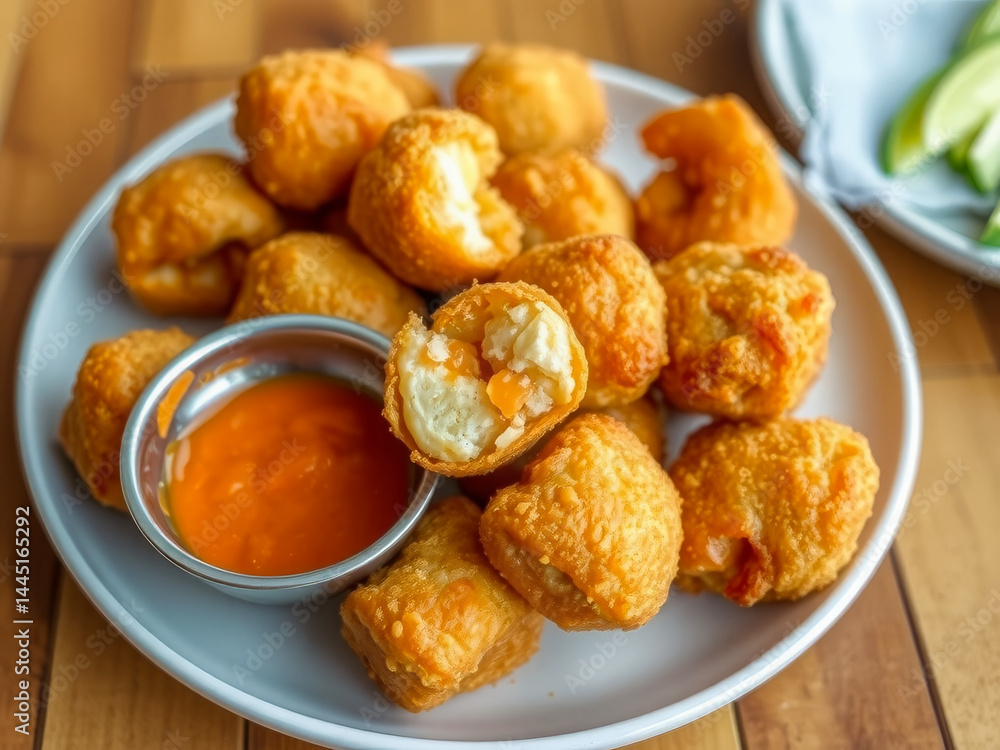 A plate of fried food with a dipping sauce. The food is golden brown and he is chicken. The dipping sauce is red and is in a small bowl. The plate is on a wooden table