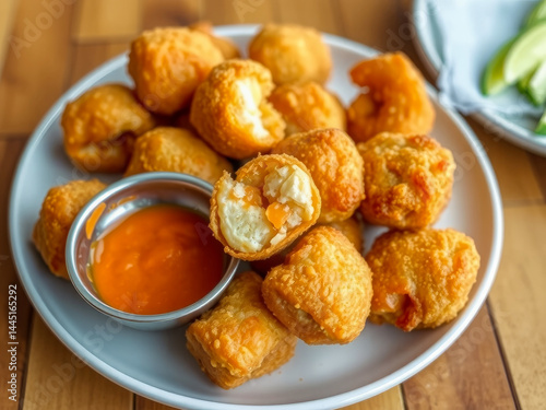 Obraz na płótnie A plate of fried food with a dipping sauce. The food is golden brown and he is chicken. The dipping sauce is red and is in a small bowl. The plate is on a wooden table w salonie