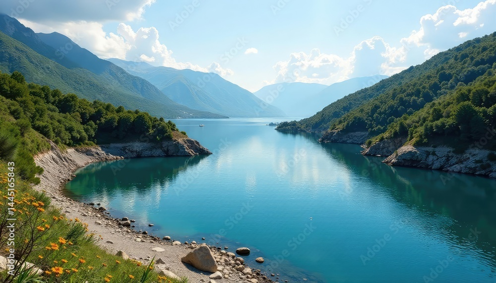 Meandering lake with winding shoreline, rocky outcrops, nature, green, brown Meandering lake with winding shoreline, rocky outcrops, nature, green, brown