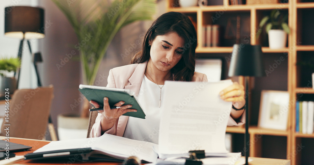 Woman, tablet and paperwork in office for business, contract review and case study in law firm. Lawyer, technology and legal document in agency for planning, compare research and administration