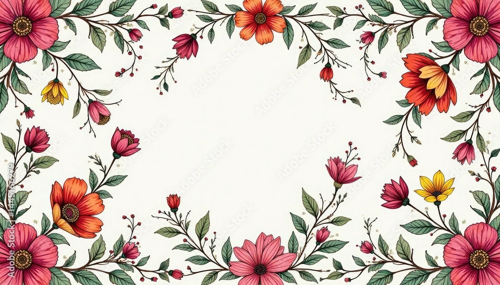 Obraz premium Intricate line art floral pattern, small blooms & vines, continuous repeat, fabric, minimal