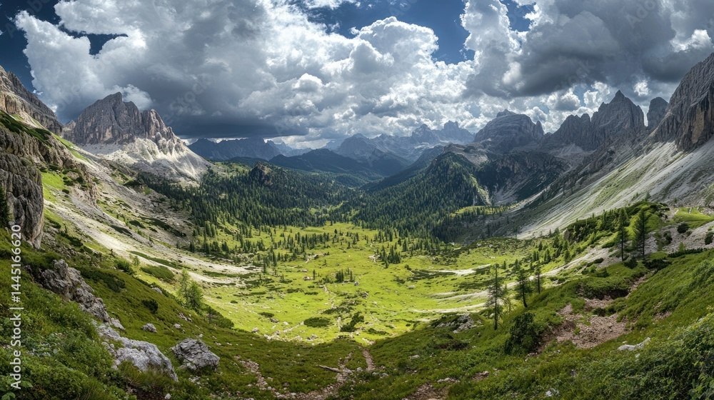 Fototapeta premium Majestic mountain valley Lush green meadows nestled amidst towering peaks