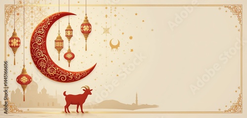 Eid ul-Adha Mubarak Greeting with Crescent Moon, Lanterns, and Sacrificial Sheep in a Festive Night Sky