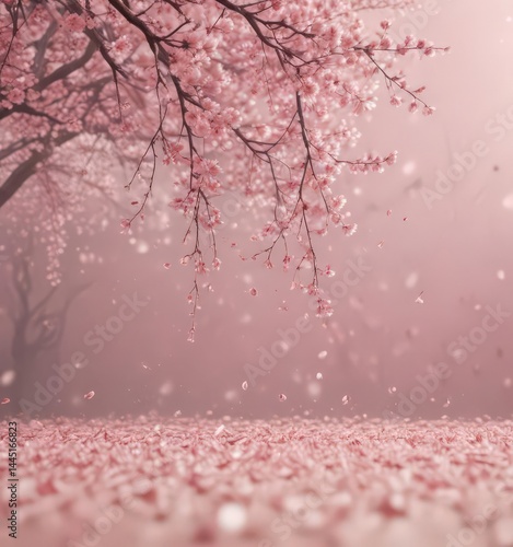 Falling sakura petals create a gentle, pink haze over a soft, blurred backdrop  ,  japan,  vibrant
