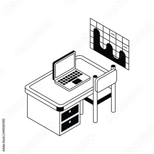 Visually appealing isometric outline icon of workstation desk