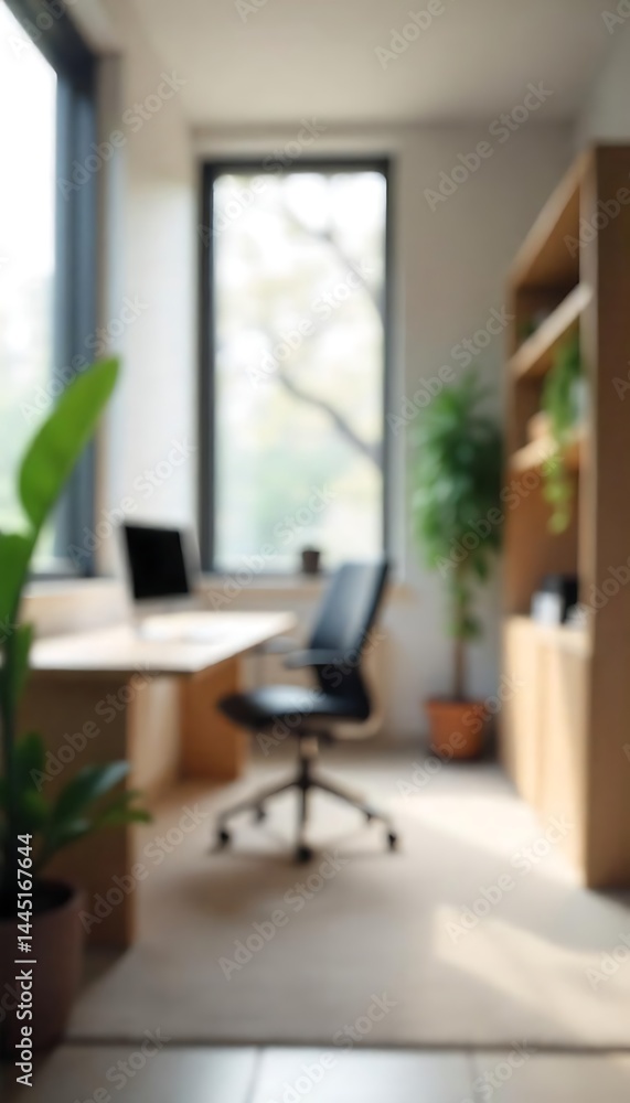 Fototapeta premium Generative AI Abstract office space interior blur with desk and plants