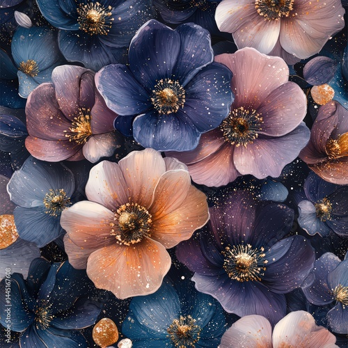 Colorful Abstract Floral Design with Dark Background and Glitter Effect