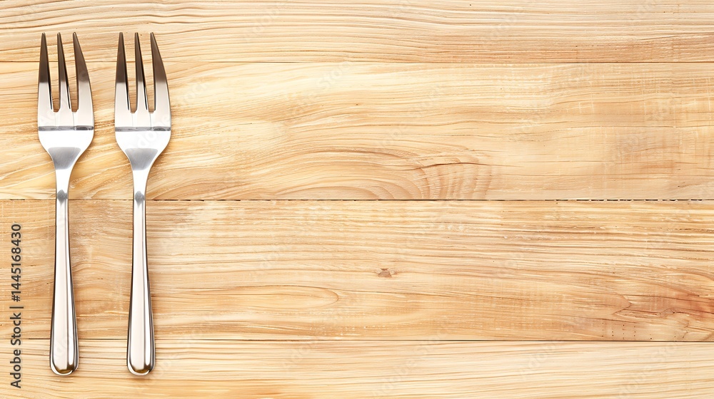 Elegant silverware composition featuring two forks atop a light wooden surface Elegant silverware composition featuring two forks atop a light wooden surface