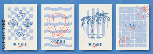 Set of trendy hand drawn cards. Vector doodle vintage posters with palm tree, seashells, typography design. Retro flyers for decoration party, holiday, event, poster, invitation, banner.