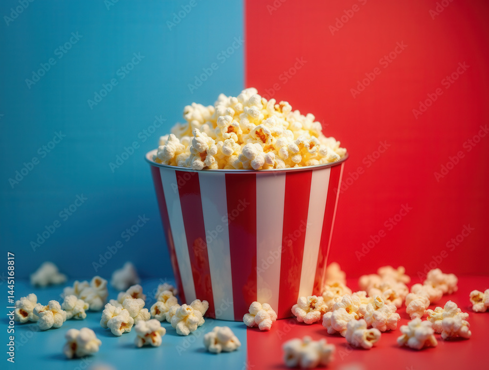 A bucket of popcorn stands out with fluffy kernels against a bold red and blue backdrop, perfect for movie night or cinema themes A bucket of popcorn stands out with fluffy kernels against a bold red and blue backdrop, perfect for movie night or cinema themes