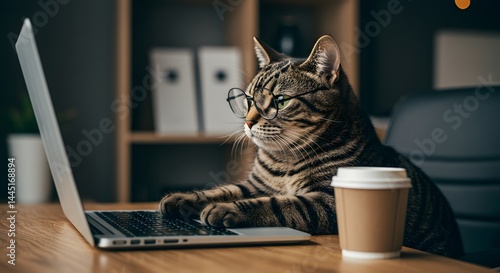 Funny tabby cat wearing glasses working on laptop with coffee break at office desk digital marketing