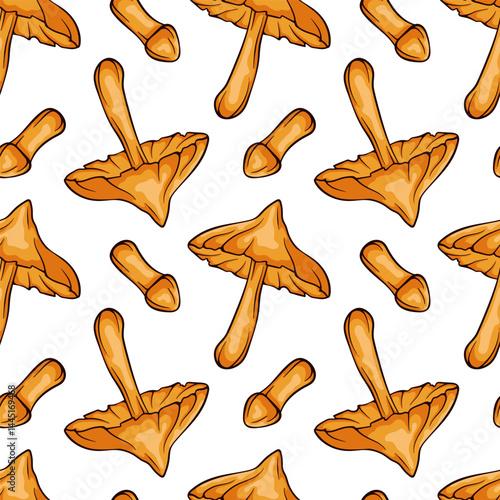 Seamless pattern of mushroom Deadly webcap in cartoon for textile and decor. Decorative backdrop for wallpaper, wrapping, fabric. Vector illustration on a white background.
