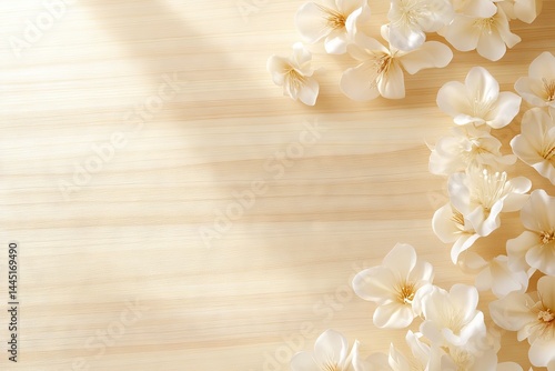 Waxflower, a type of flower known as Chamelaucium, is shown on a wooden background