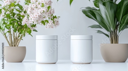Modern white jars on a white surface, surrounded by plants and flowers. A minimalist aesthetic showcasing product placement