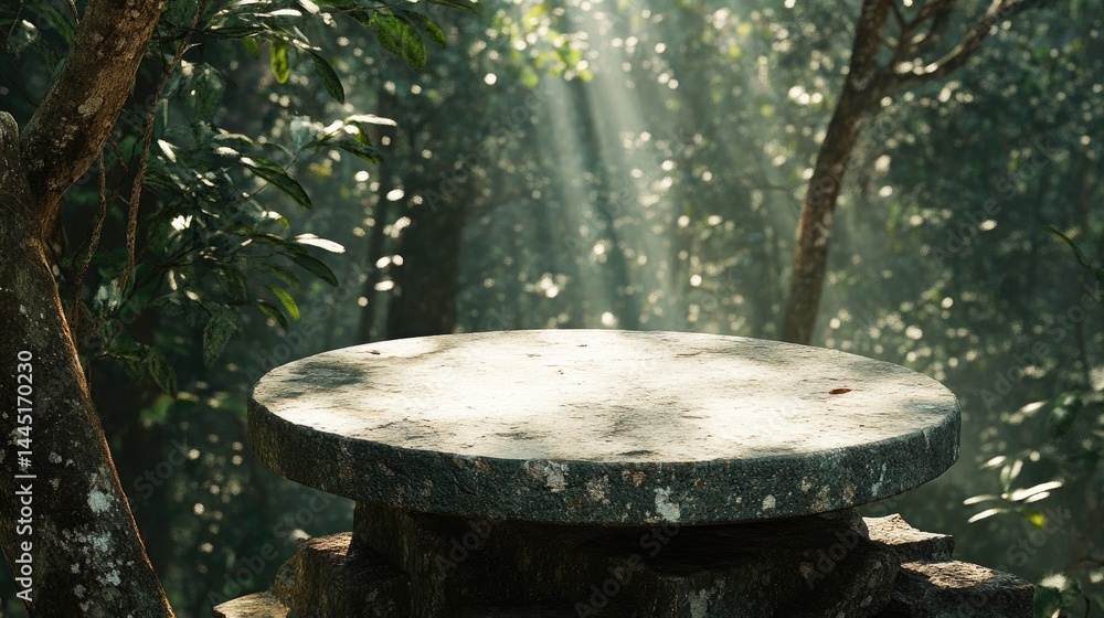 Sunlit Stone Table in Lush Jungle with Mystical Vibe.