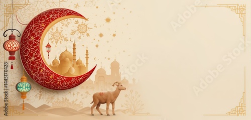 Eid ul-Adha Mubarak Greeting with Crescent Moon, Lanterns, and Sacrificial Sheep in a Festive Night Sky