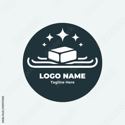 Flat Laundry and Soap Logo with Bubbles and Washing Machine Elements for Brand Identity and Detergent Marketing in Microstock and Household Cleaning Services