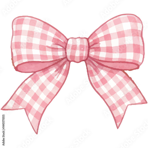 Watercolor Pink Gingham Bow Clipart – Hand-Painted Coquette Style Ribbon Isolated on White