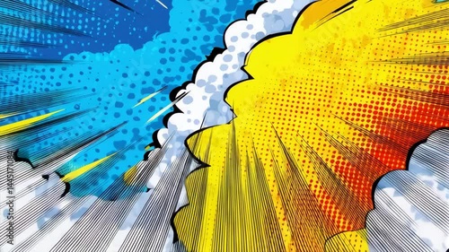 Dynamic comic book explosion background art with pop art dots, halftone, and radial lines on a blue and yellow backdrop