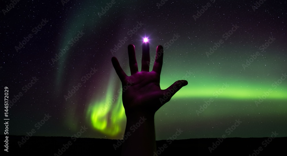 Silhouette of hand reaching towards glowing sky display of color and light Silhouette of hand reaching towards glowing sky display of color and light
