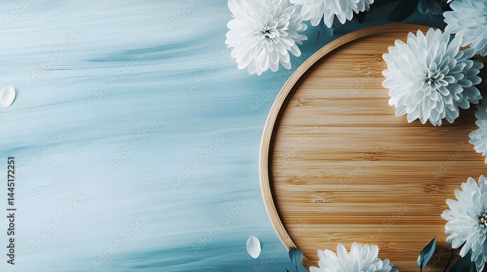 Elegant Arrangement of White Flowers and Bamboo Tray on a Soft Blue Background with Artistic Touches Elegant Arrangement of White Flowers and Bamboo Tray on a Soft Blue Background with Artistic Touches