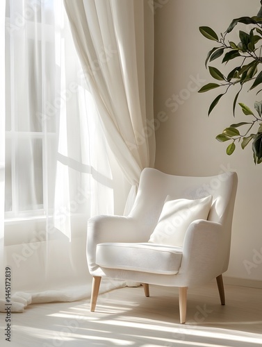 Cozy Scandinavian Armchair in Sunlit Living Room with Natural Light and Neutral Decor