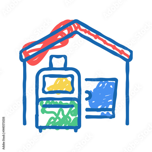 baggage and laptop in house icon doodle illustration
