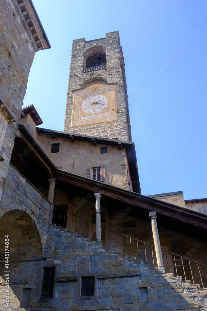 Old buildings along Piazza Vecchia at Bergamo, Italy: Campanone, medieval tower