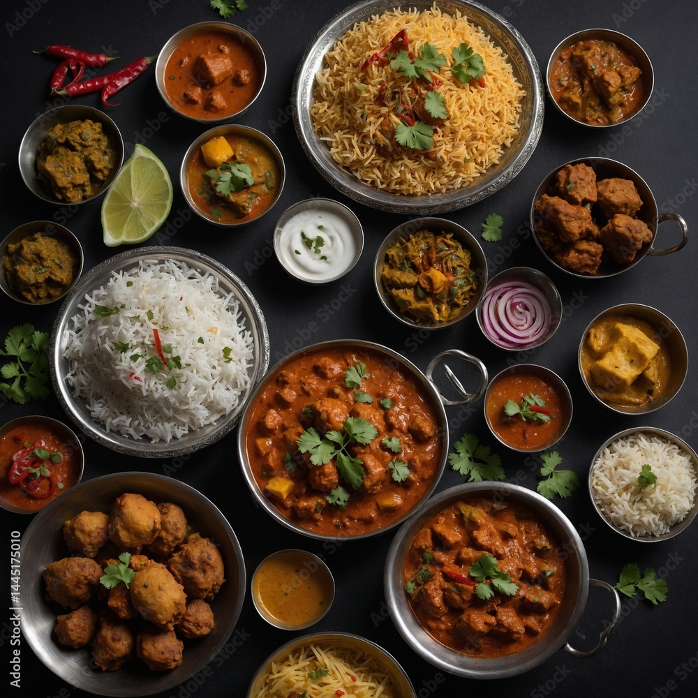 Assorted indian food on black background..
Assorted indian food on black background..