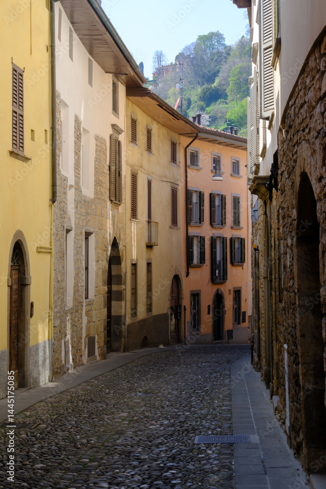 Old buildings along via Borgo Canale at Bergamo, Italy