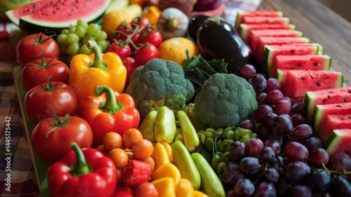 Healthy fresh fruit and veggie platter with tomatoes, broccoli, watermelon, and grapes