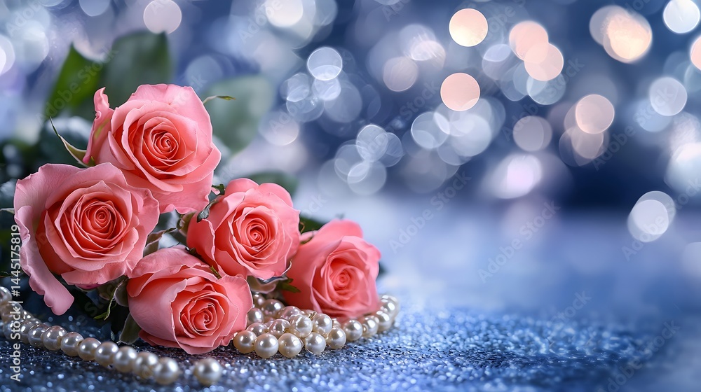 Delicate Pink Roses with Pearls Against a Soft Bokeh Background of Glimmering Lights Delicate Pink Roses with Pearls Against a Soft Bokeh Background of Glimmering Lights