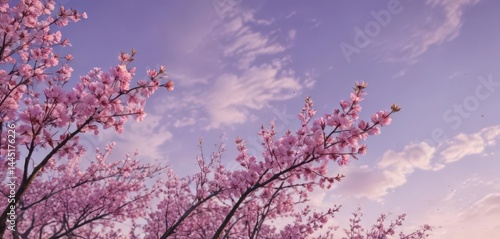 Floating pink sakura petals against a soft pastel purple sky ,  falling,  flower,  subtle