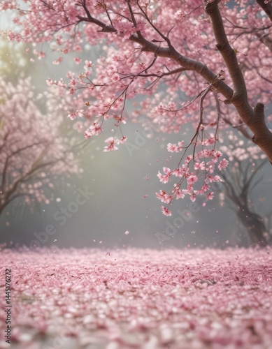 Floating pink sakura petals, blurred spring backdrop  Gentle, dreamy scene ,  cherry,  airy,  vibrant