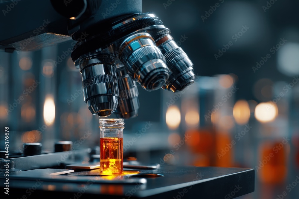 Microscope lenses poised over a vial of amber liquid in a modern laboratory setting. Scientific research and discovery concept. Microscope lenses poised over a vial of amber liquid in a modern laboratory setting. Scientific research and discovery concept.