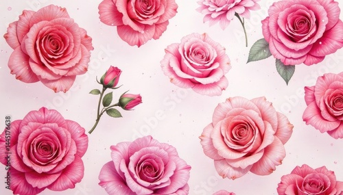 Intricate watercolor rose pattern, blush pink hues, background, background pattern, botanical