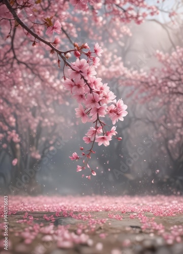 Floating pink sakura petals create a soft, dreamy spring scene  Blurred background enhances ethereal beauty ,  texture,  flora