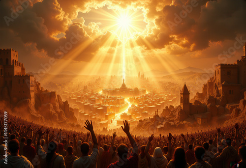 Glorious Ascension of Jesus Christ Over a Golden City with Worshipping Crowd