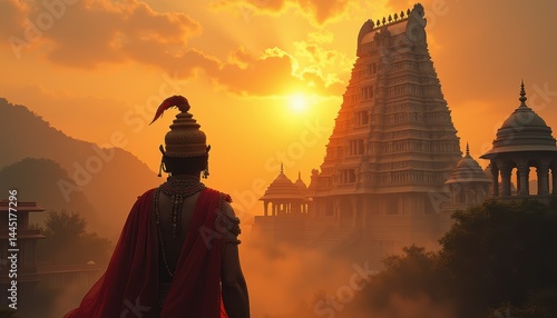 Majestic Sunset Over Ancient Temple: A King's Contemplation