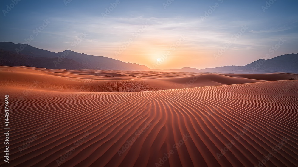 Fototapeta premium Stunning Sunset Over Rolling Sand Dunes in a Vast Desert Landscape