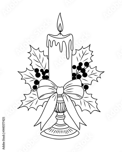 Christmas candle with ribbon bow and holly leaves and berries. Outline hand drawn sketch line art Vector illustration isolated on transparent background
