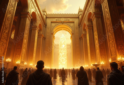 Grand church interior with worshipers gazing towards a radiant golden light and pillar